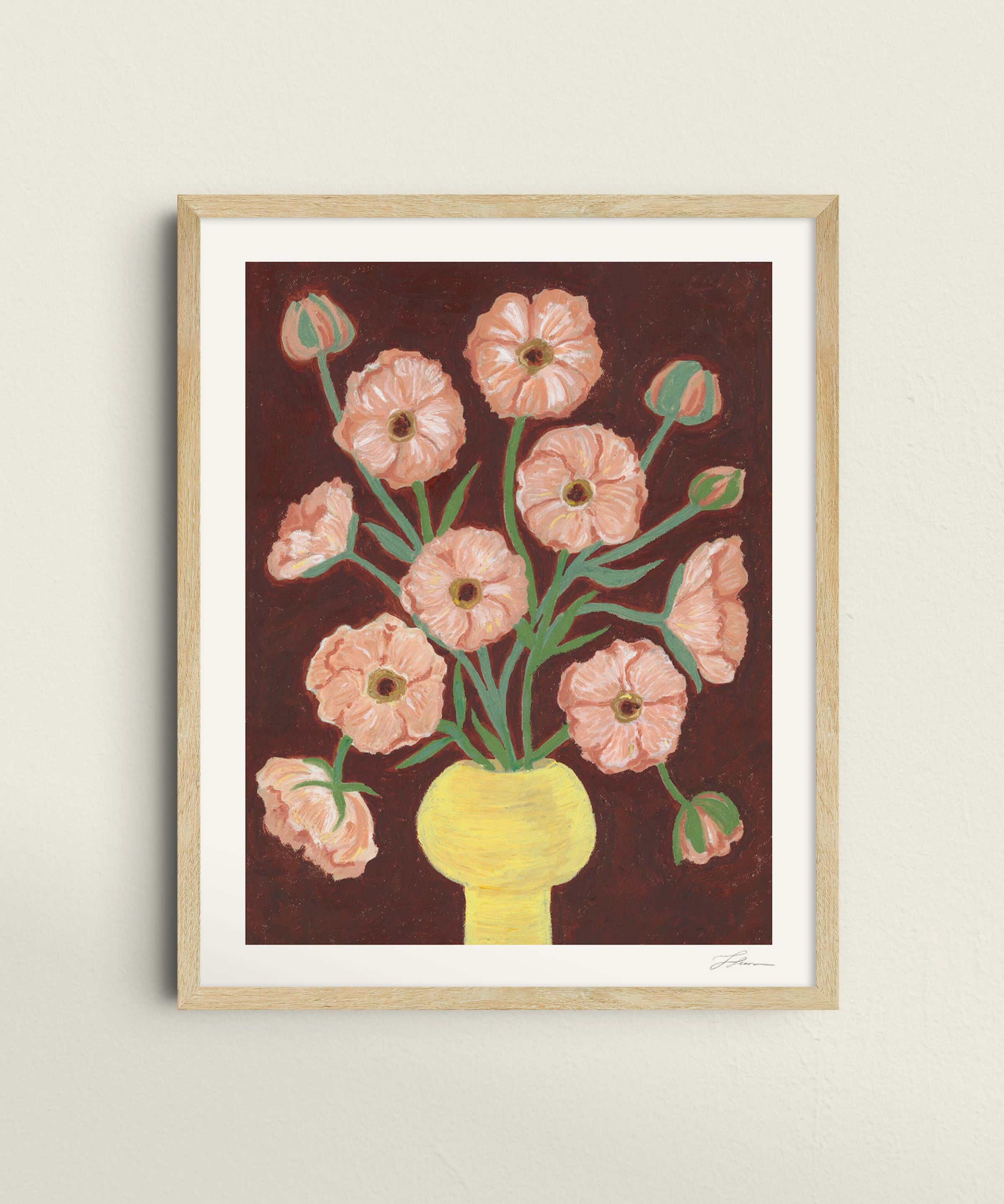 Framed artwork of a floral bouquet of pink butterfly ranunculus in a yellow vase and brown background. The artwork is hung up on a wall with window shadows.