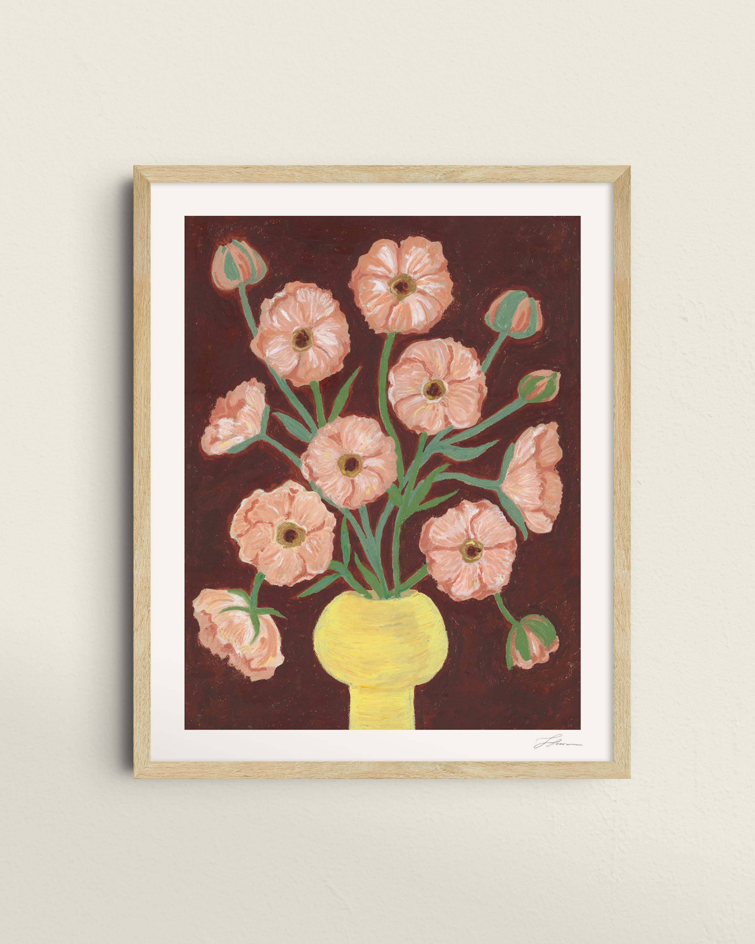 Framed artwork of a floral bouquet of pink butterfly ranunculus in a yellow vase and brown background. The artwork is hung up on a wall with window shadows.